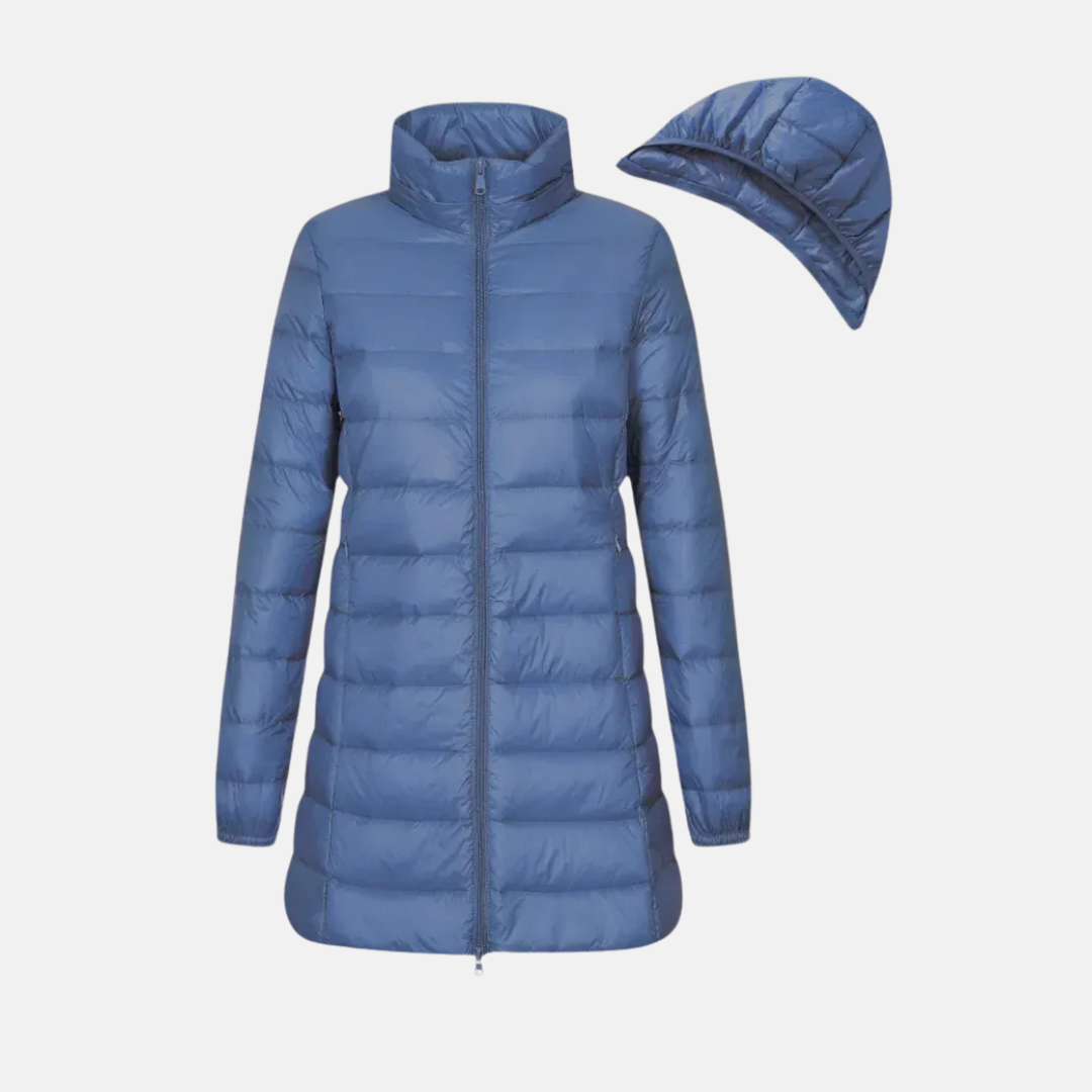 Women’s Down Jacket – Fitted Mid-Thigh Length – Quilted – Hooded – Water-Resistant