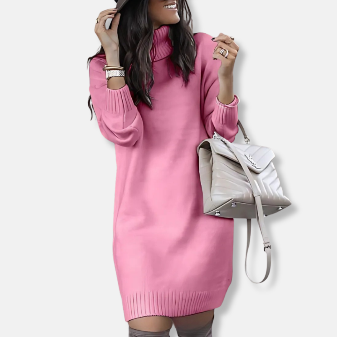 Women’s Mini Dress – Knit Wool Blend – Turtleneck – Long Sleeve – Relaxed Slim Fit