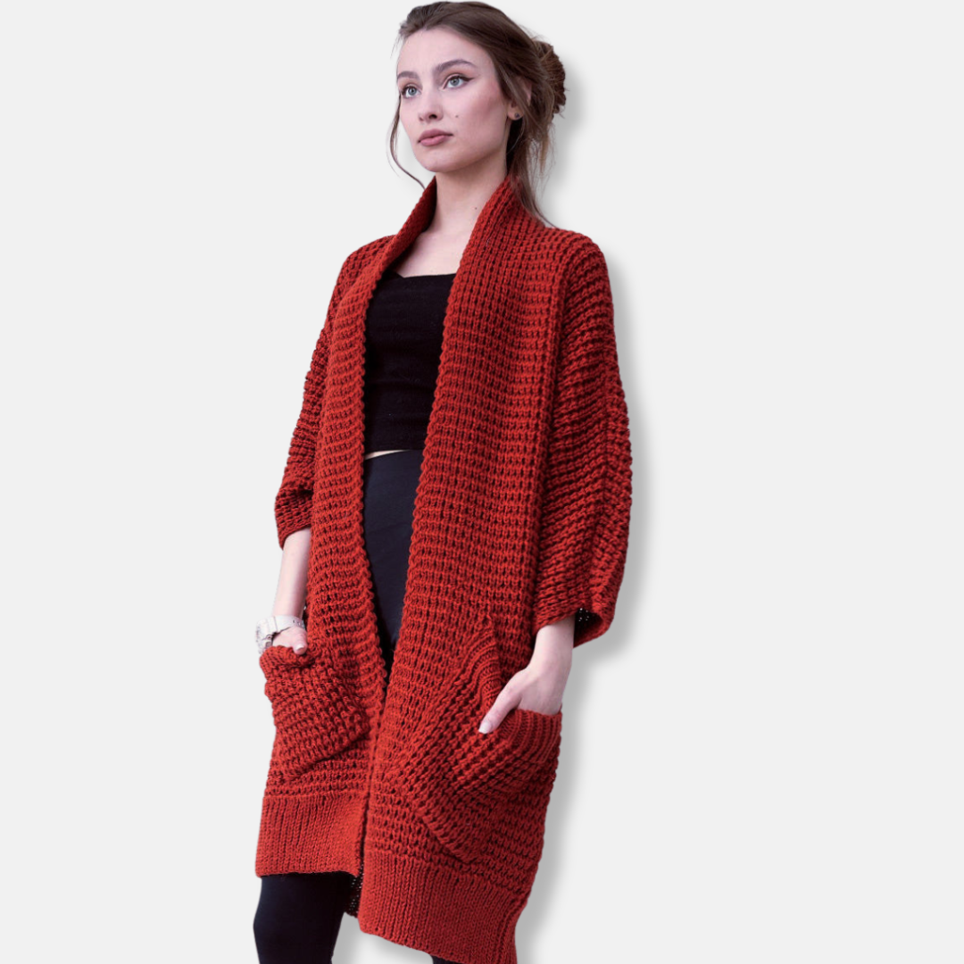 Women’s Knitted Coat – Oversized Fit – Chunky Wool Blend – Open Front – Patch Pockets