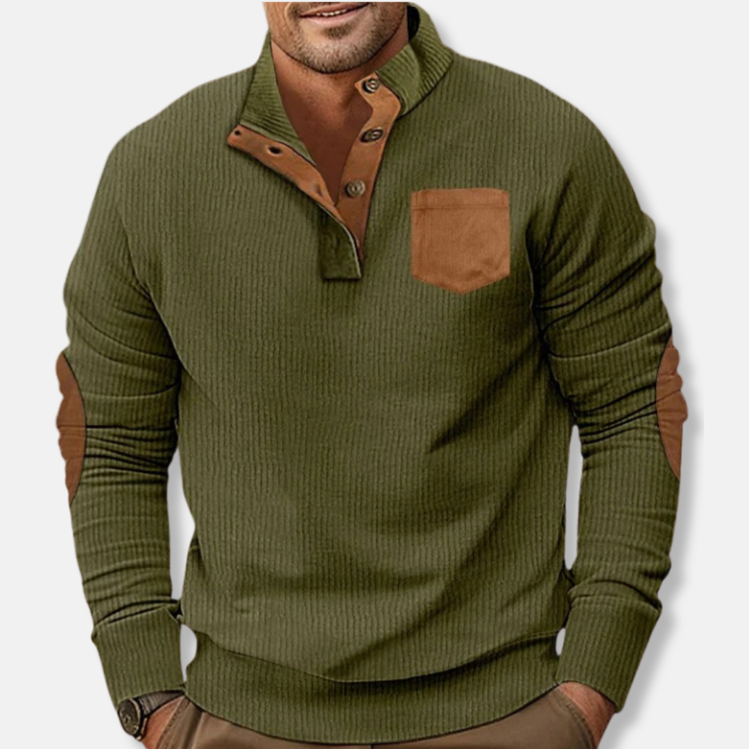 Men's Ribbed Knit Sweatshirt With Stand Collar And Contrast Elbow Patches For Everyday Wear