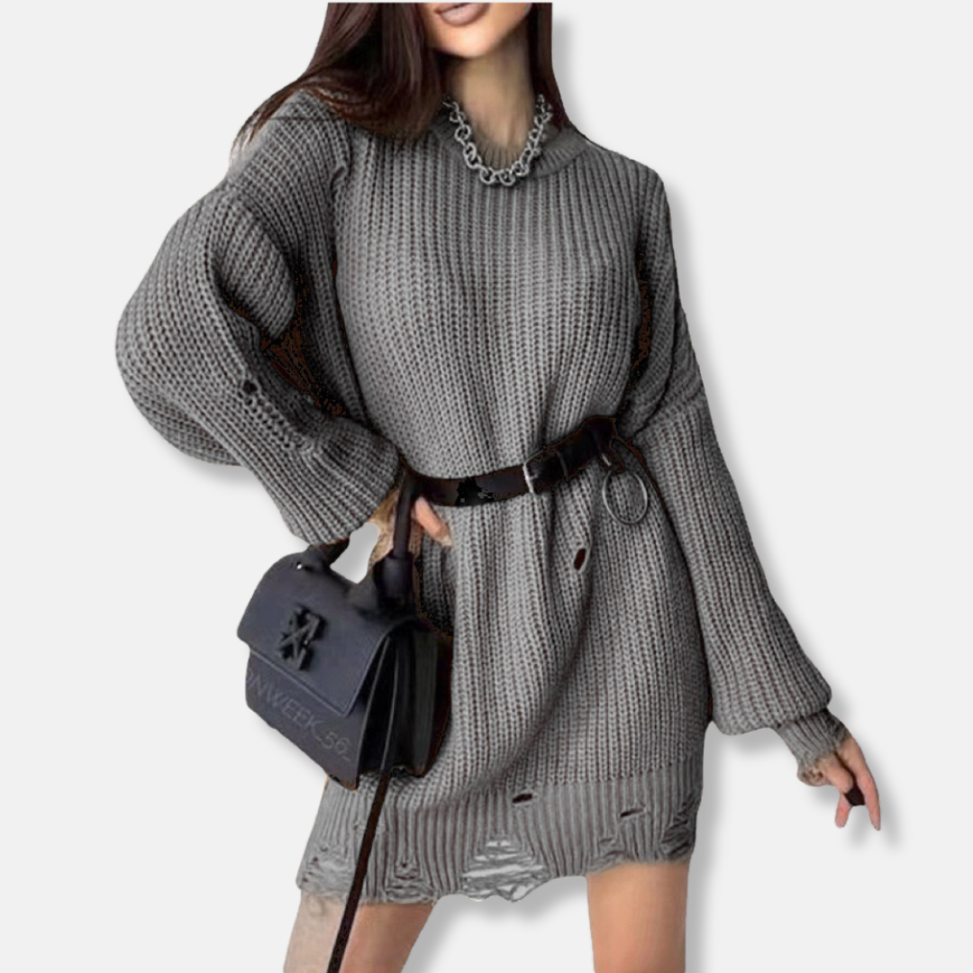 Women’s Dress - Ribbed Knit - Mini Length - Balloon Sleeves - Distressed Hem