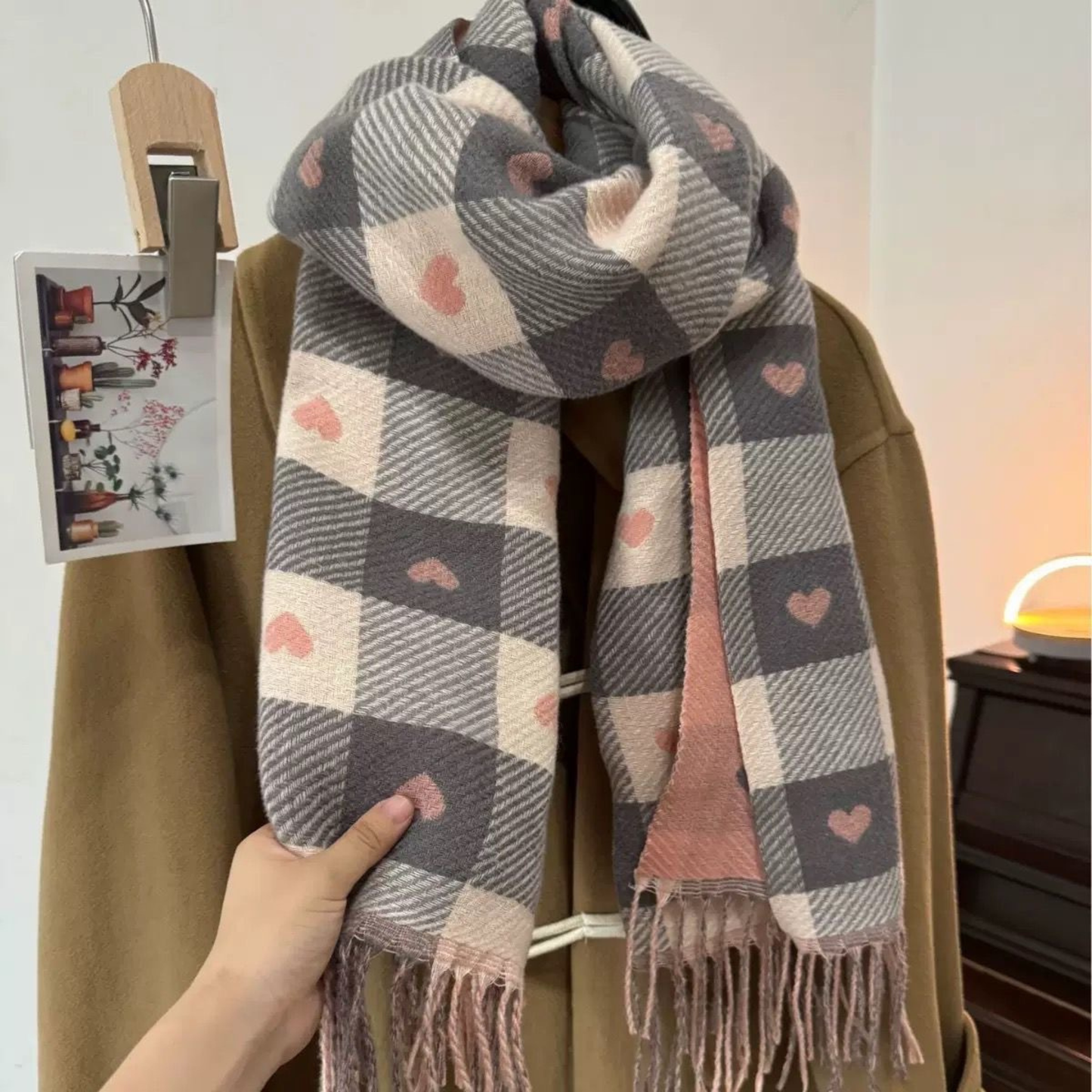 Women's Warm Plaid Scarf with Double-Sided Design and Tassels