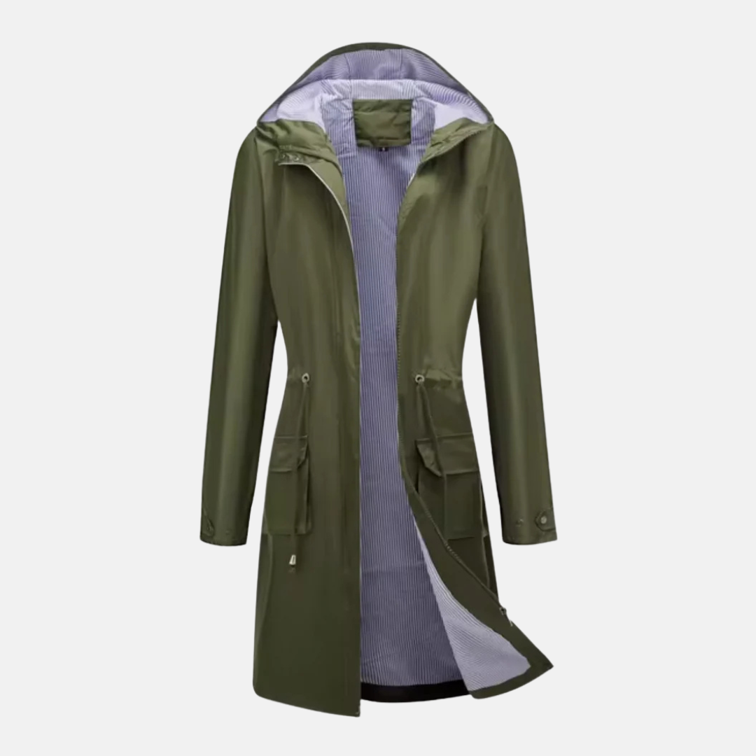 Women’s Long Hooded Jacket – Water-Resistant – Adjustable Waist – Zip Front – Flap Pockets