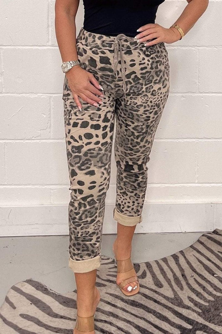 Womens Casual Leopard Print Trousers | Cuffed