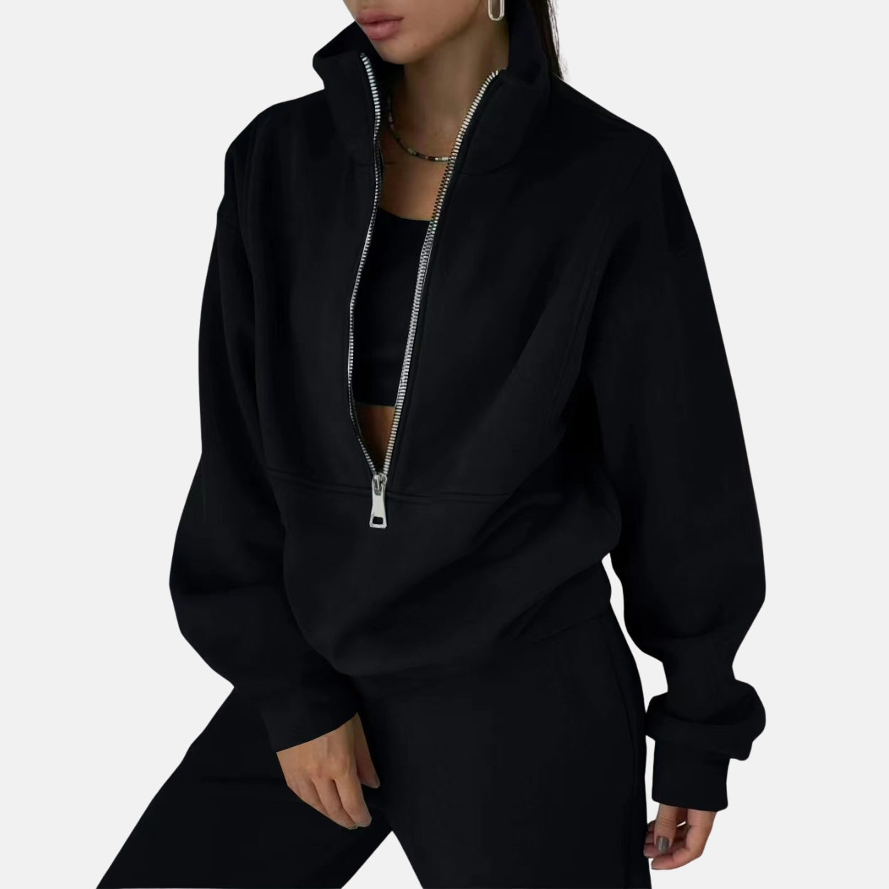 Women’s Two-Piece Tracksuit Set – Relaxed Fit – High Collar Zip Top – Cotton Blend – Full Length