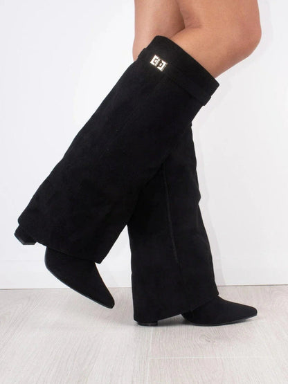 Women's Knee High Boots with Wide Flare Top and Block Heel