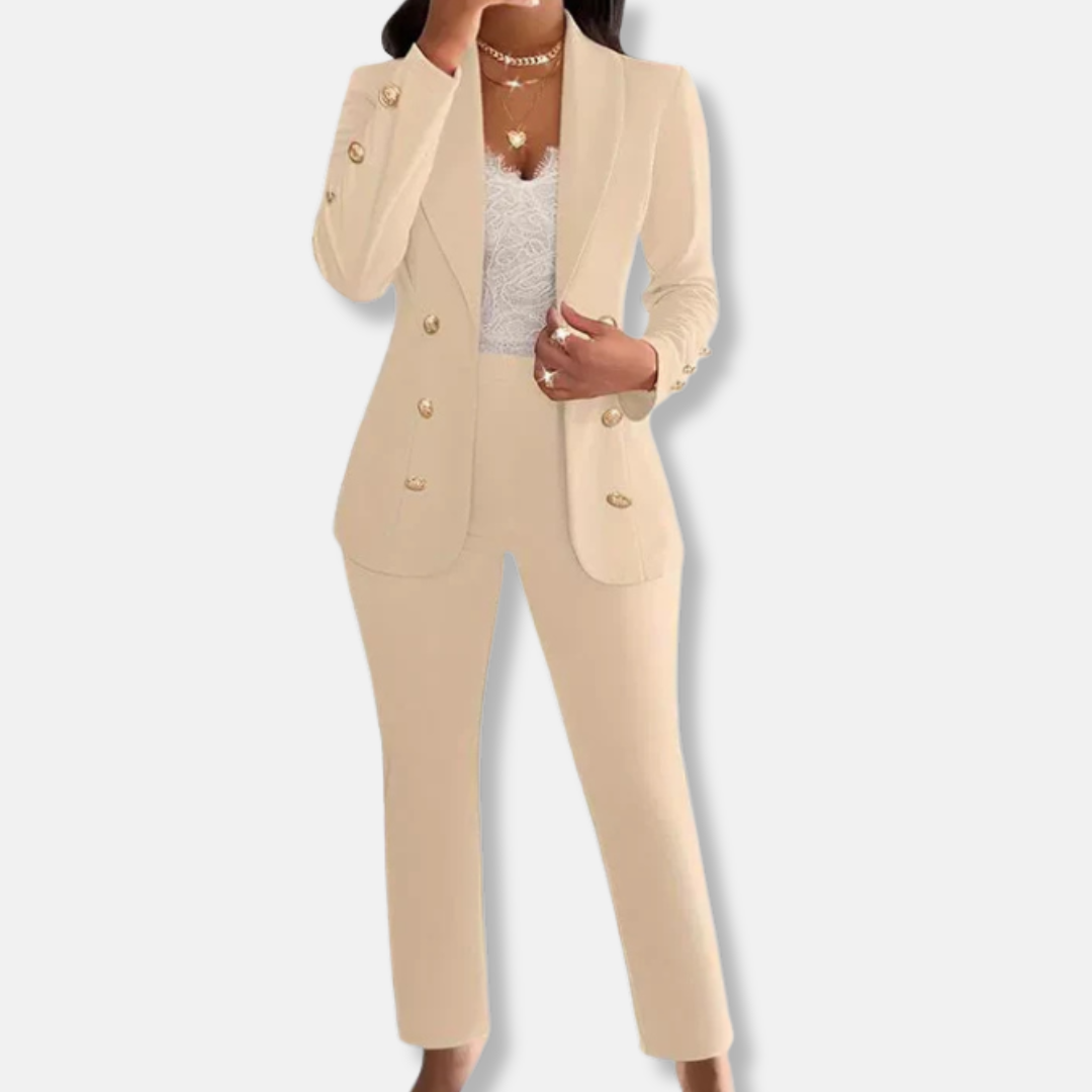 Women’s Two-Piece Pants Set – Slim Fit Double-Breasted Blazer – Shawl Collar – Straight Leg Trousers