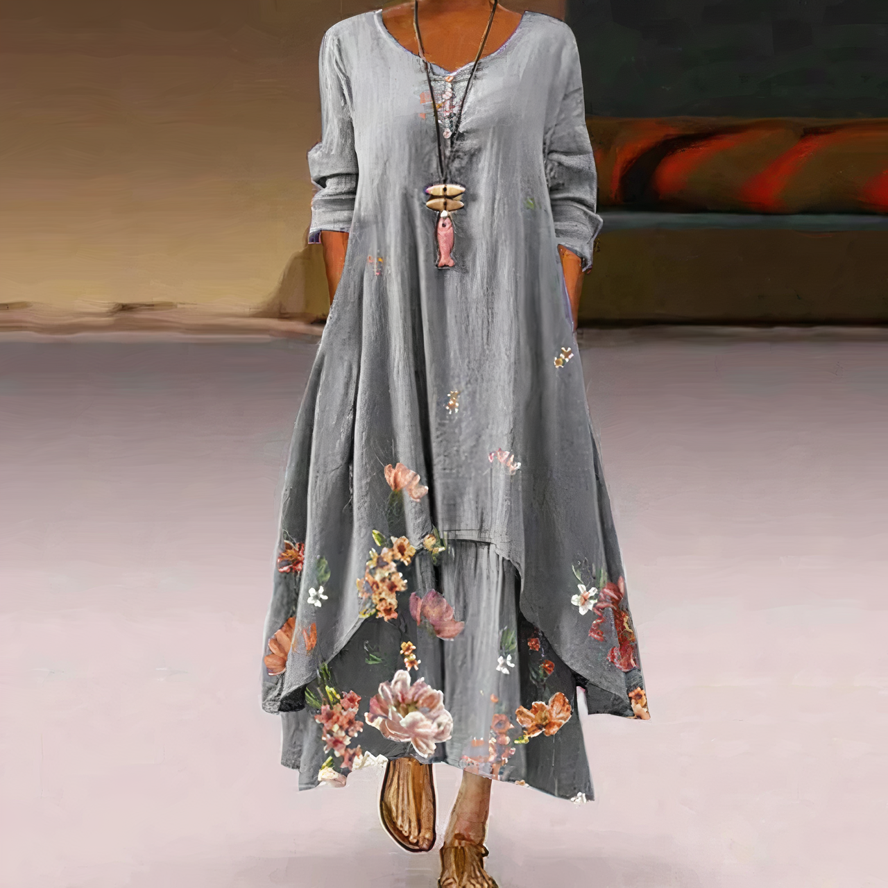 Mica Elegant Cotton Dress For Women With Pockets, Vintage Round Neckline, Long Sleeves