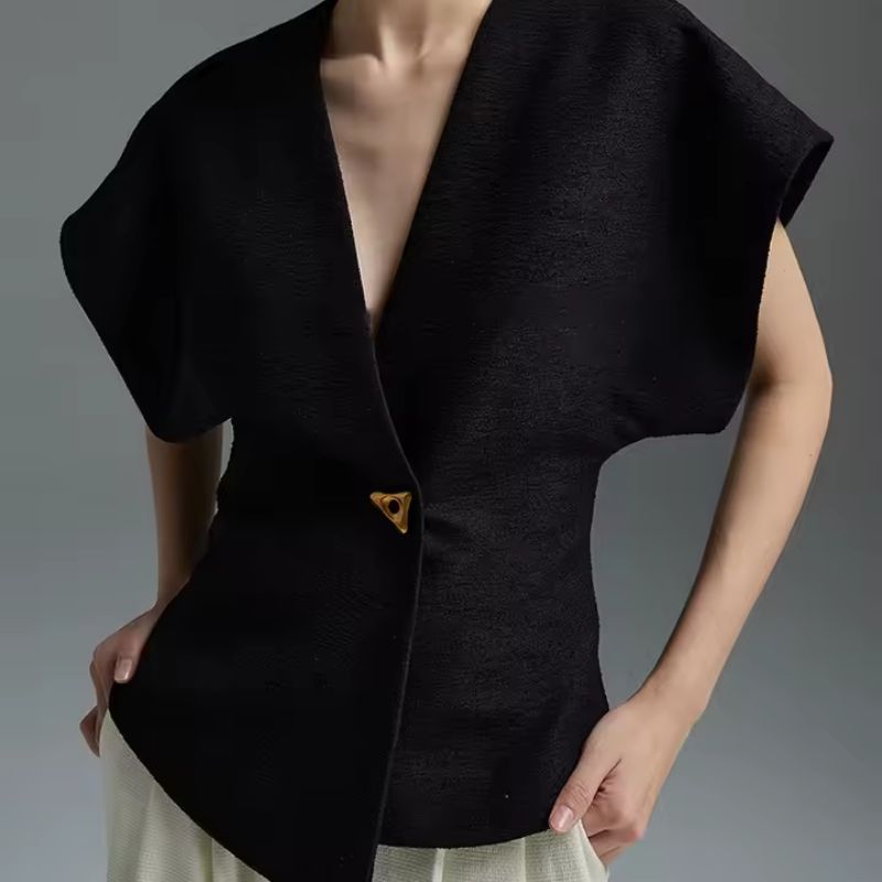Cévalin Architectural Wrap Top For Women With Waist Defining Clasp And Gold Accent Closure