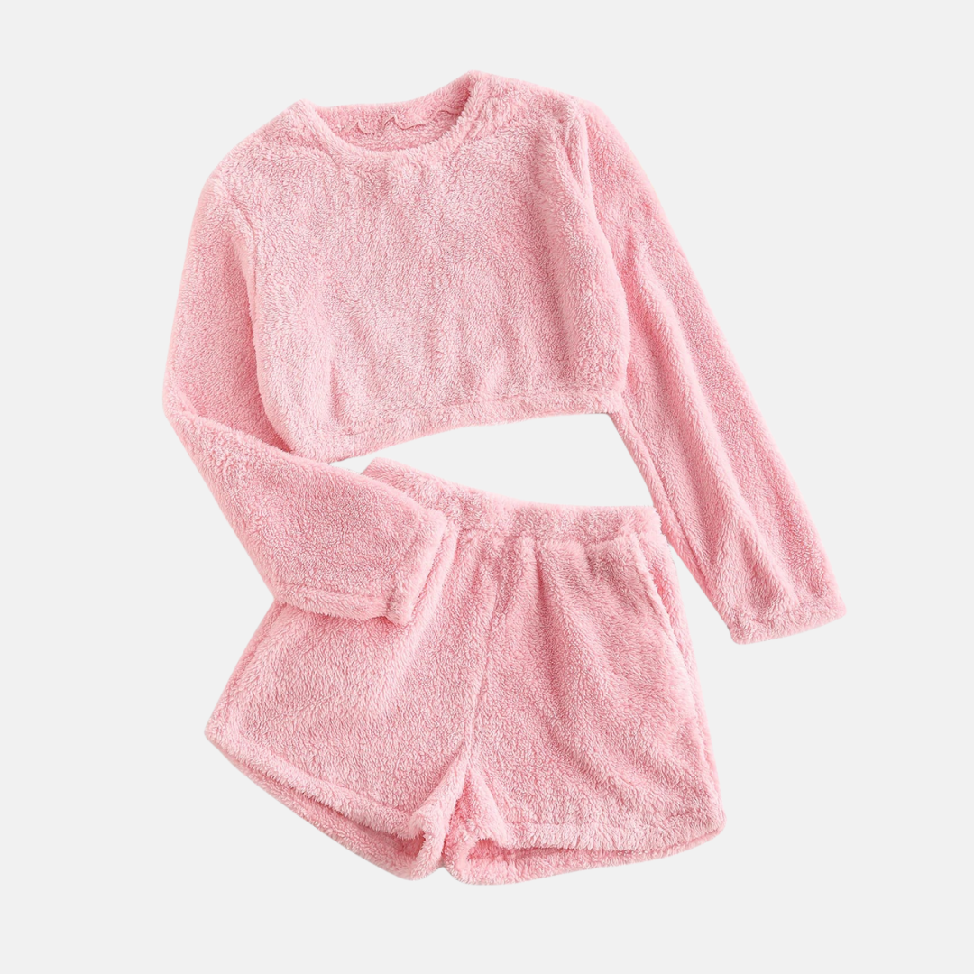 Women’s Two-Piece Loungewear Set – Textured Plush – Cropped Long Sleeve Top – High-Waisted Shorts