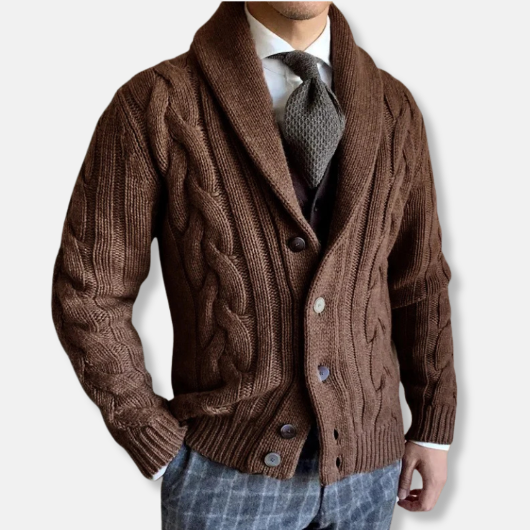 Men's Cable Knit Cardigan With Shawl Lapel Regular Fit Wool Feel Knit Long Sleeve