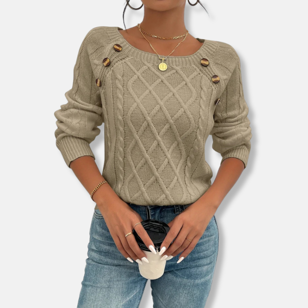 Women’s Knit Top – Relaxed Fit – Cable Knit – Dropped Shoulder – Button Accent – Ribbed Cuffs