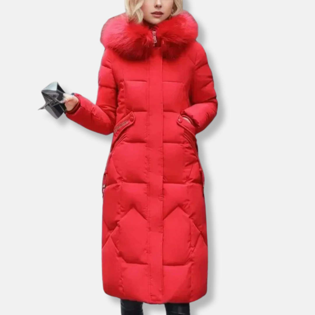 Women’s Long Padded Coat – Slim Fit – Quilted – Detachable Fur Collar – Full Length