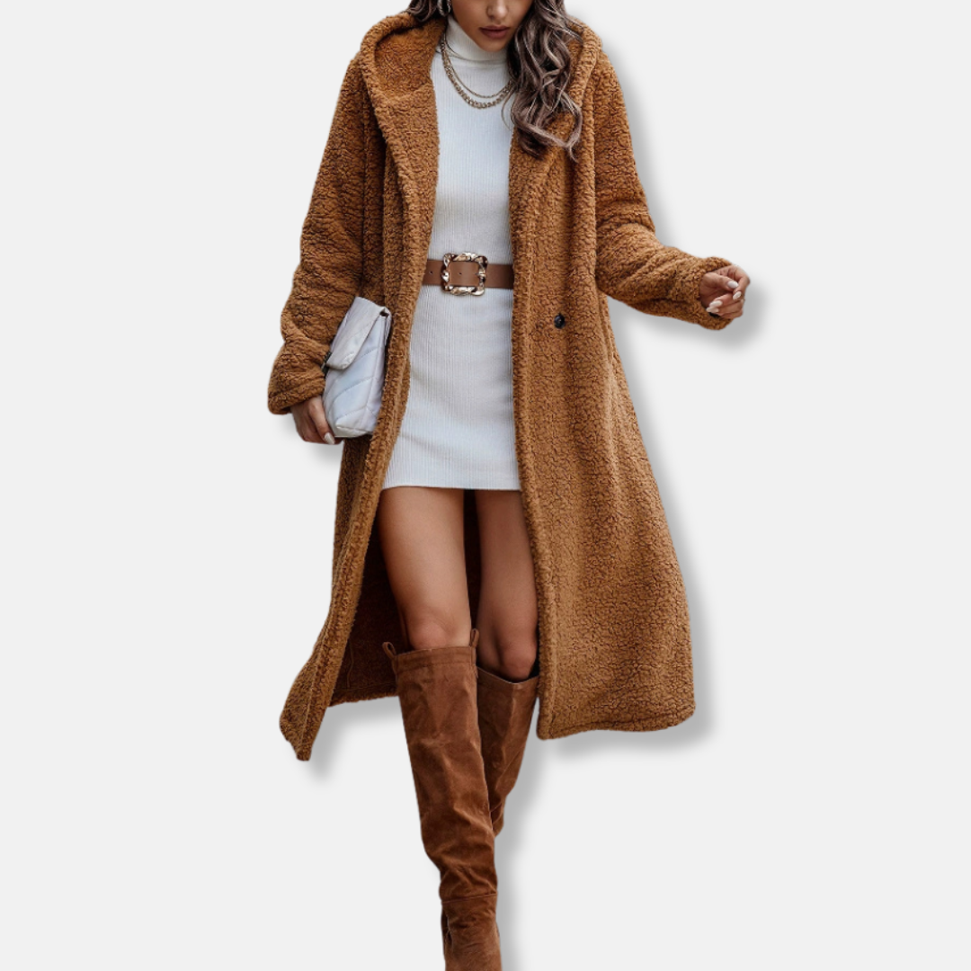 Women’s Long Coat – Plush Soft Texture – Relaxed Fit – Hooded – Notched Lapel