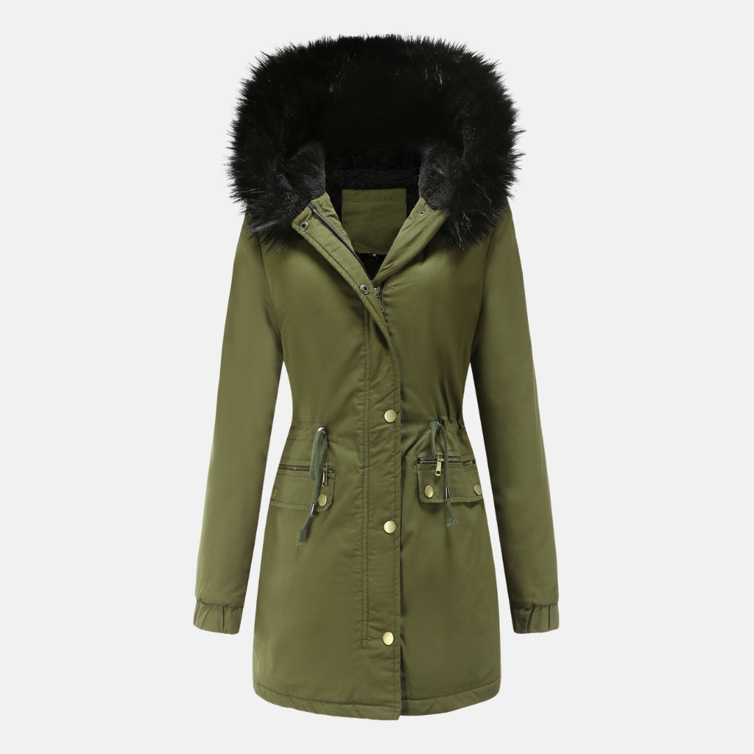 Women’s Parka Jacket – Longline Fit – Faux Fur Hood – Adjustable Waist – Weather Resistant
