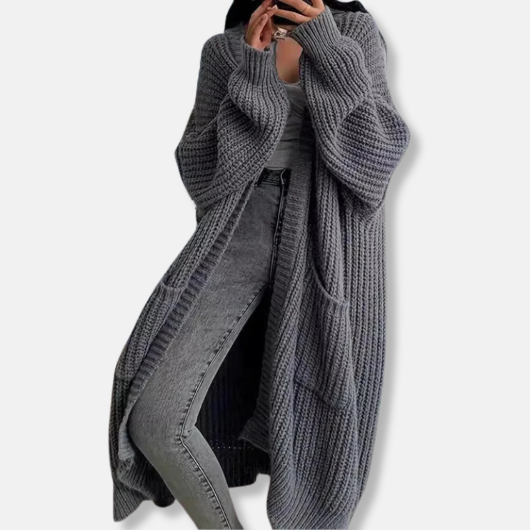 Women’s Cardigan - Ribbed Knit - Oversized Fit - Maxi Length - Open Front - Pockets