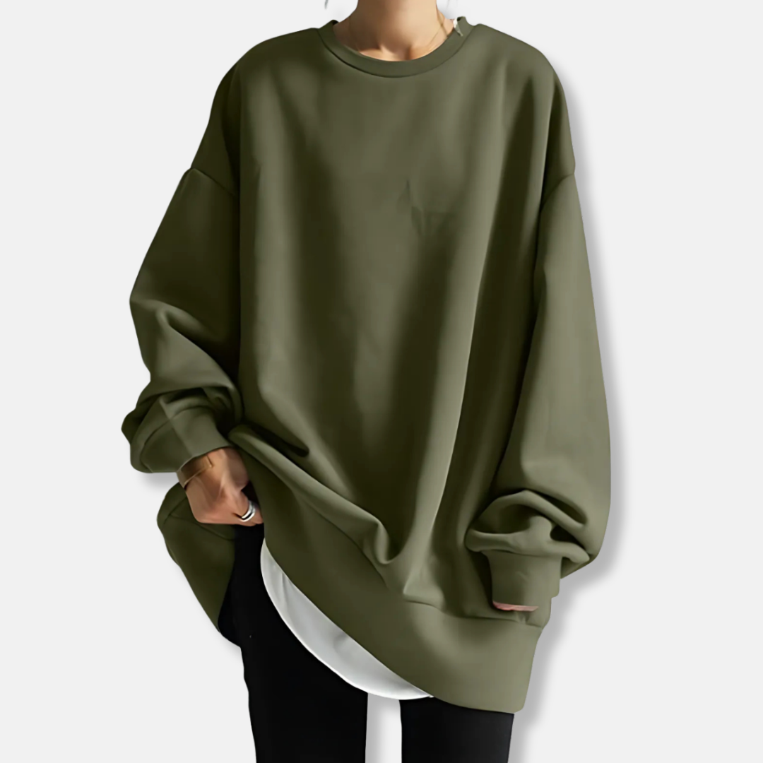 Women’s Sweatshirt - Soft Knit - Oversized Fit - Ribbed Crew Neck - Tunic Length