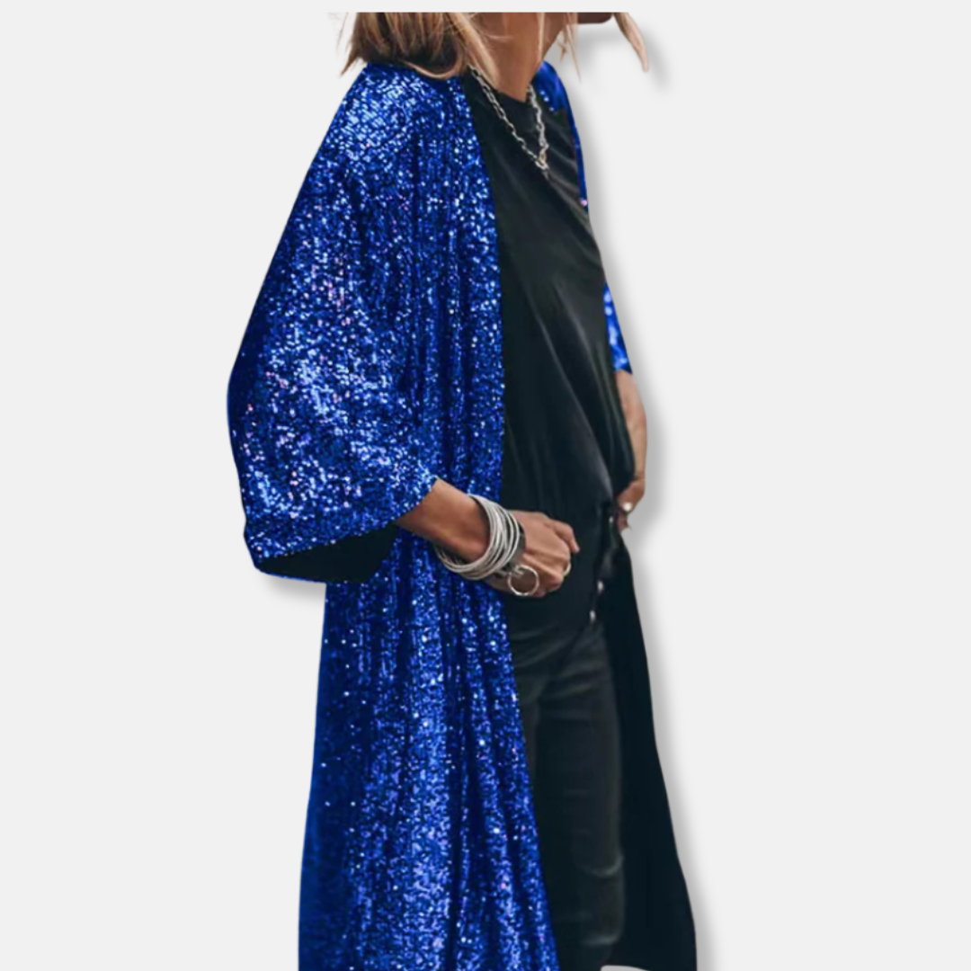 Women’s Duster Cardigan – Sequin Embellished – Loose Fit – Open Front – 3/4 Sleeve
