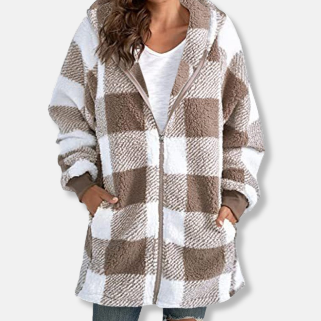 Women’s Hooded Jacket – Oversized Fit – Soft Knit – Full Zip – Long Length – Check Pattern
