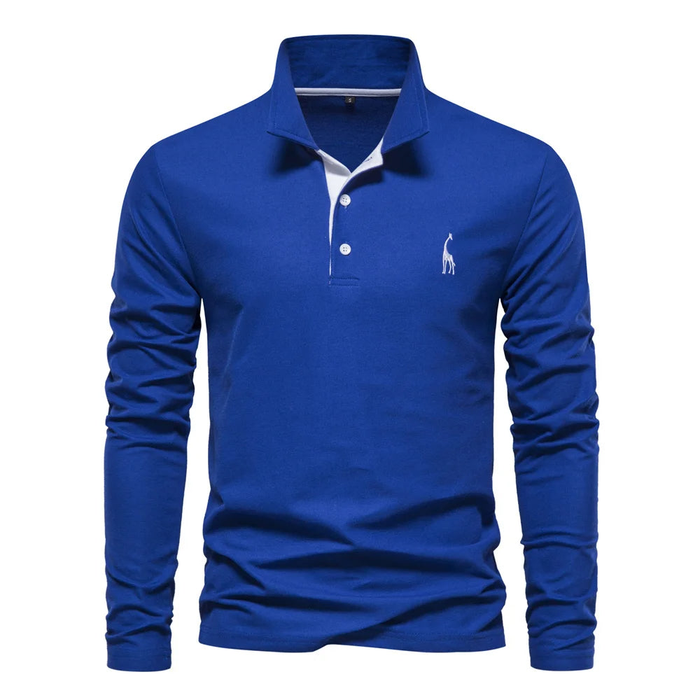 Mens Long Sleeve Polo Shirt By Designer For Professionals With Refined Deer Embroidery And Smart Design