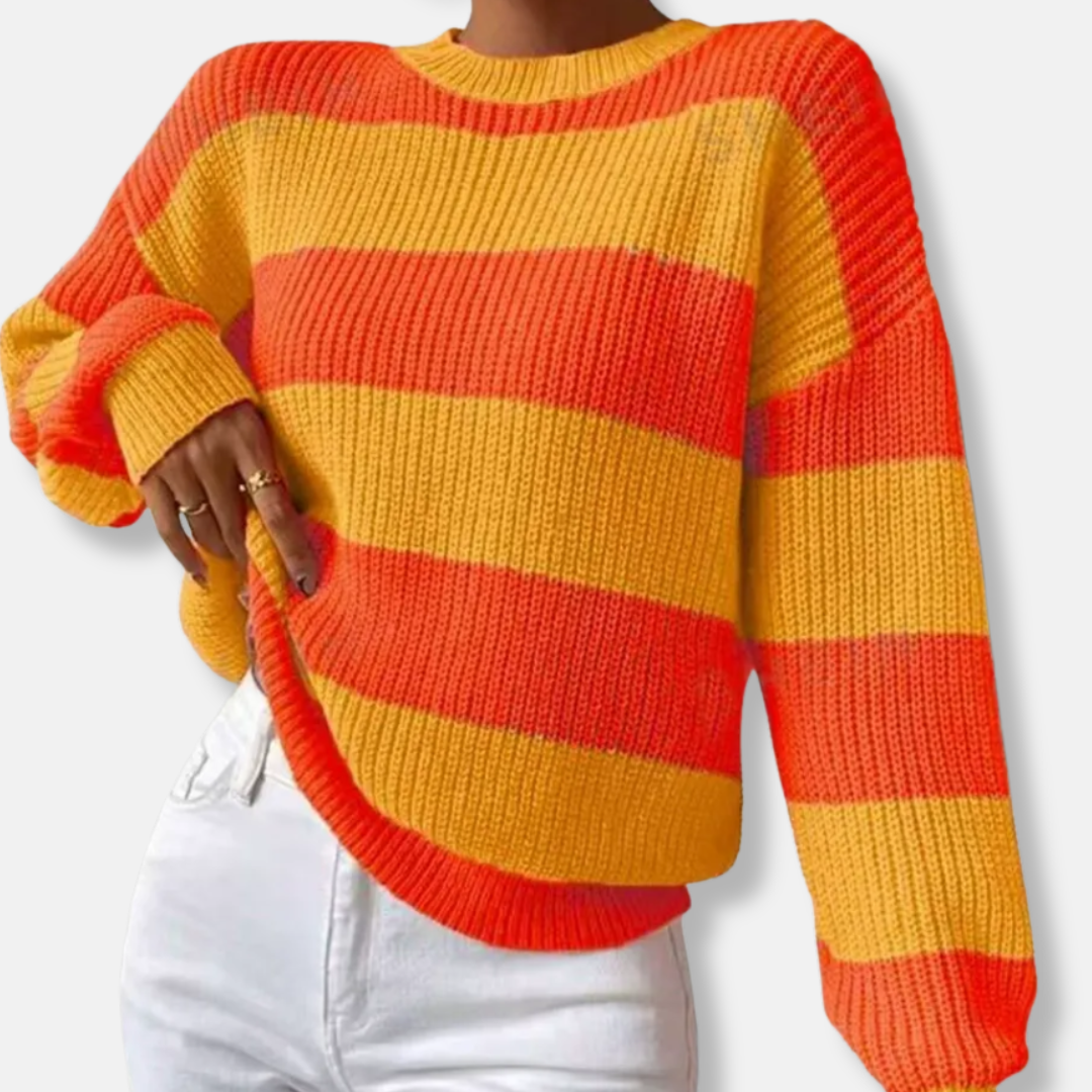 Women’s Sweatshirt – Ribbed Knit – Loose Fit – Balloon Sleeves – Round Neck – Striped