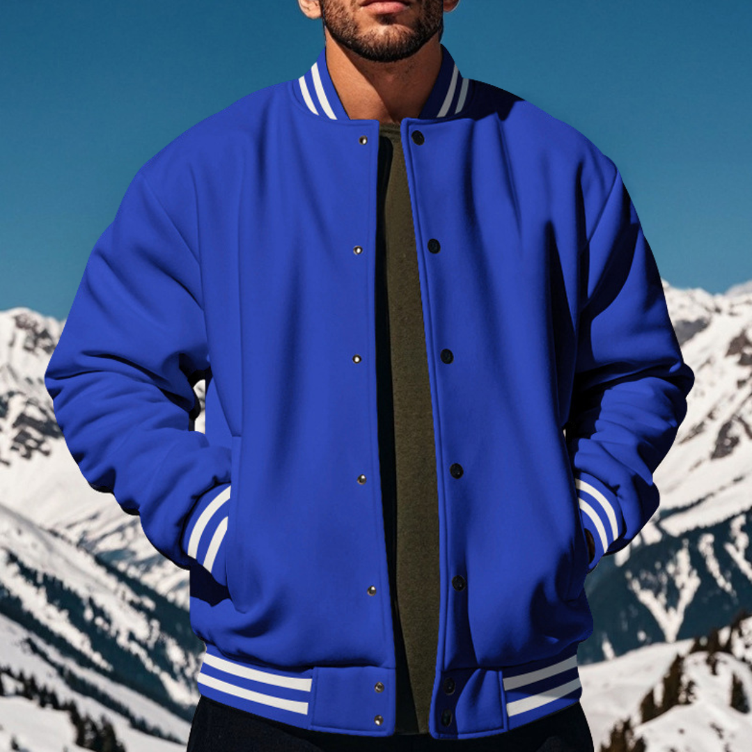 Men's Dense Smooth Fabric Bomber Jacket With Stand Collar And Snap Button Closure