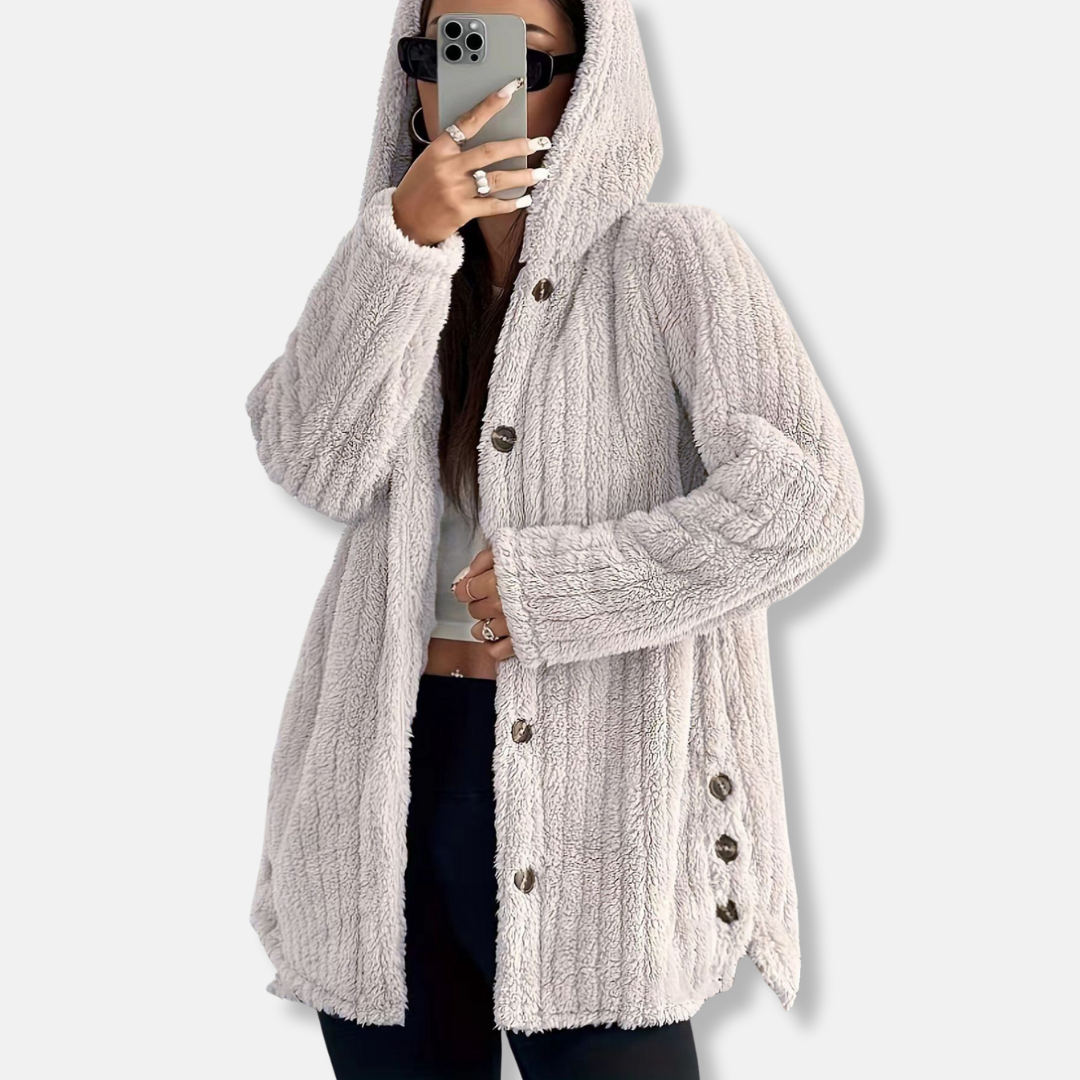 Women’s Plush Coat – Hooded Loose Fit – Button Front – Soft Textured Mid-Length