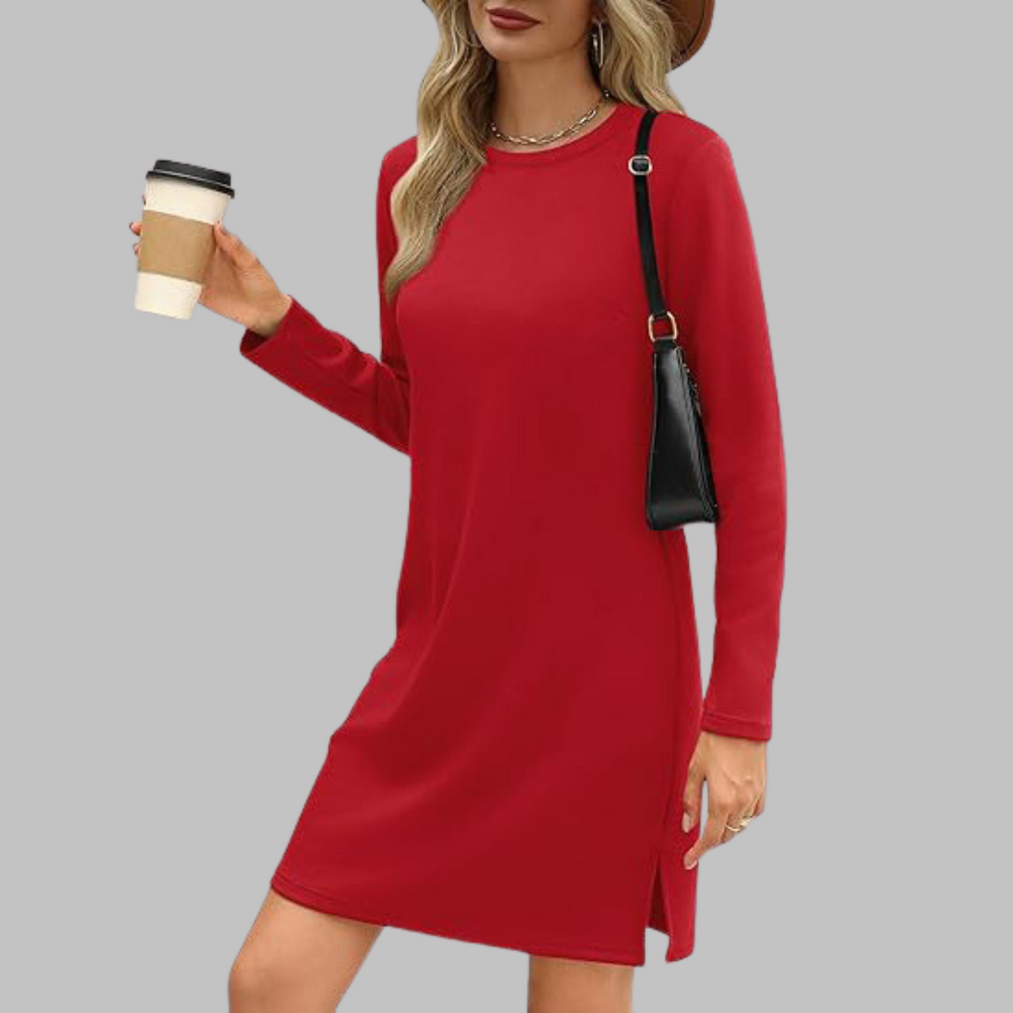 Women's Long Sleeve Round Neck Dress with Relaxed Fit and Versatile Style