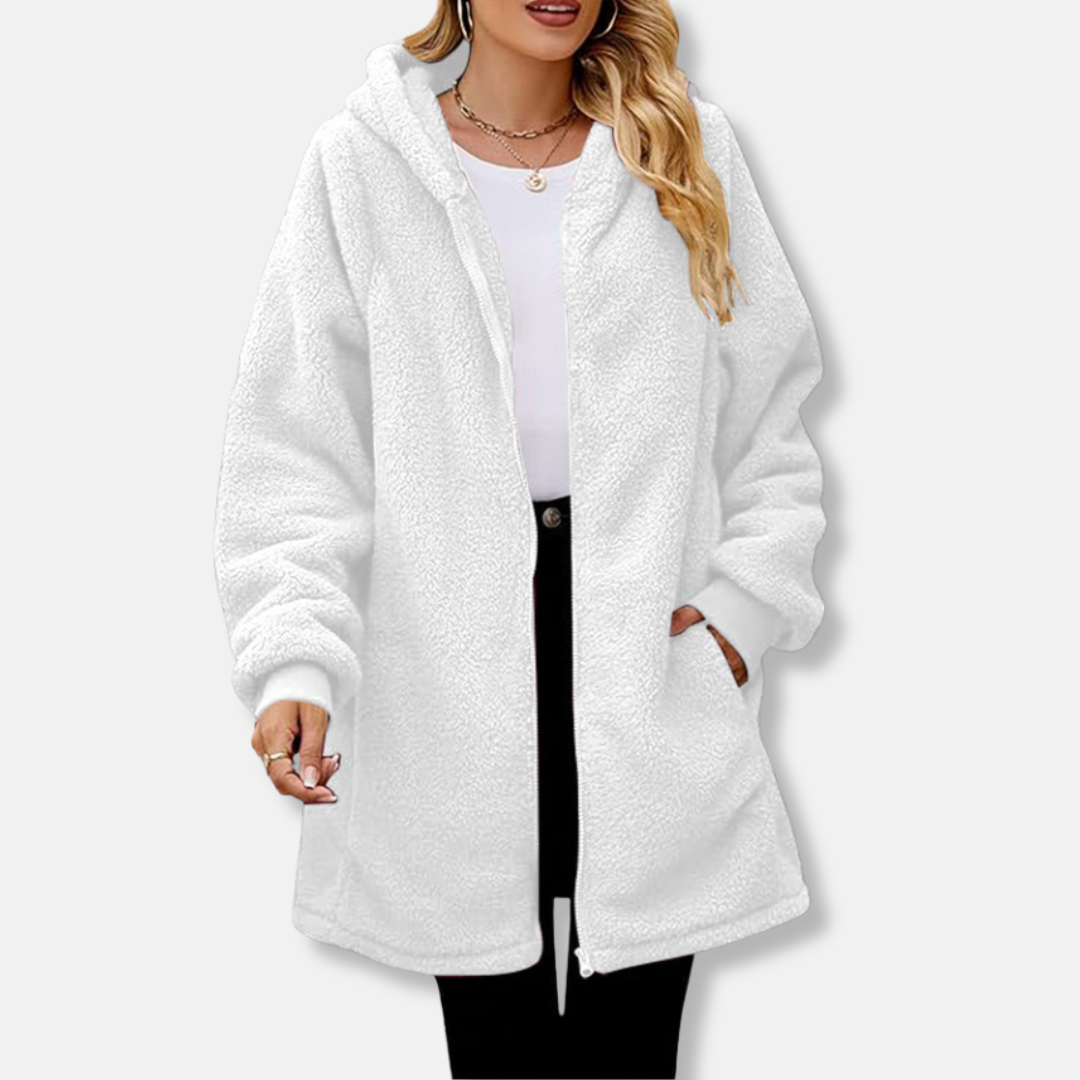 Women’s Hooded Zipper Jacket – Plush Oversized Fit – Ribbed Cuffs – Front Pockets
