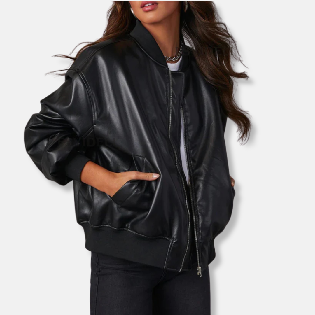 Women’s Leather Jacket – Oversized Relaxed Fit – Ribbed Trim – Full Zip Closure