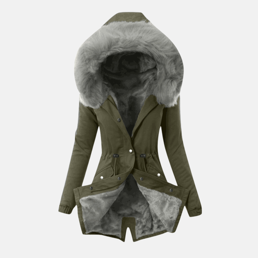 Women’s Jacket – Slim Fit – Adjustable Waist – Plush-Lined Hood – Mid-Length – Flap Pockets
