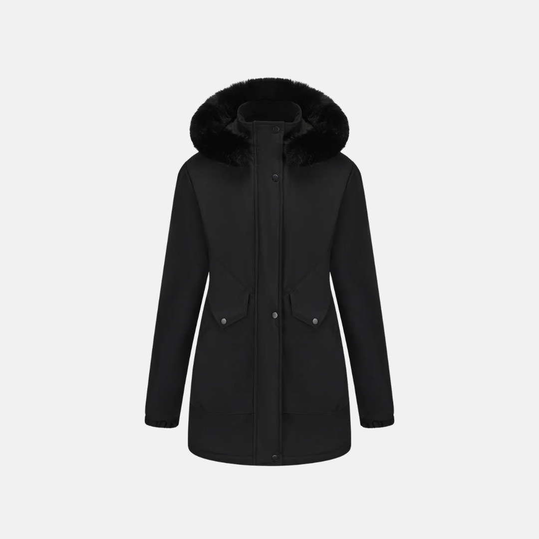 Women’s Parka Jacket – Mid-Length Fit – Faux Fur Hood – Adjustable Waist – Snap Closure