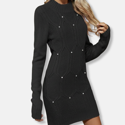 Women’s Knit Dress – Slim Fit – Textured Pattern – Mock Neck – Long Sleeve – Mini Length