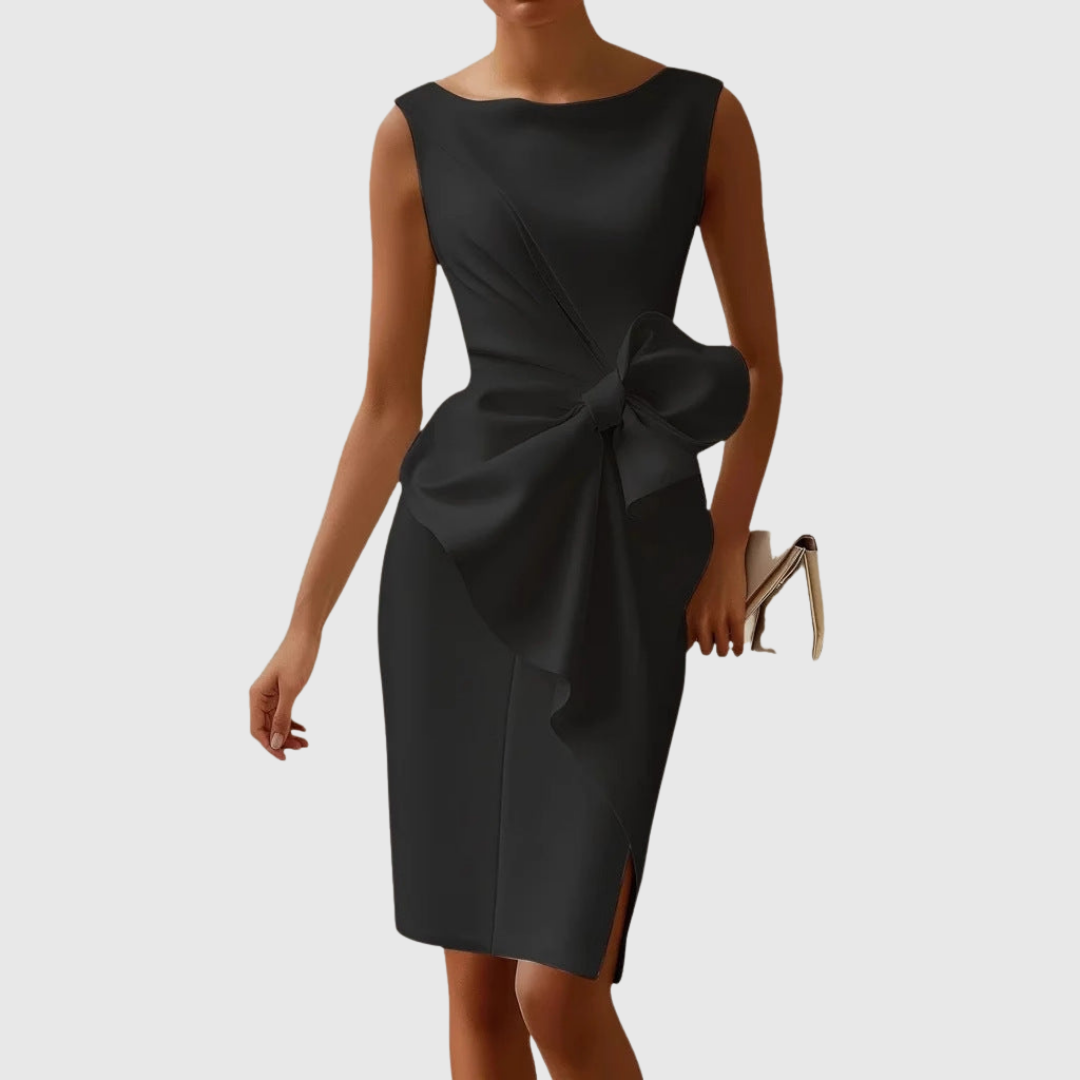 Women's Boat Neck Midi Dress with Sleeveless Design and Bow Detail - TrendAura
