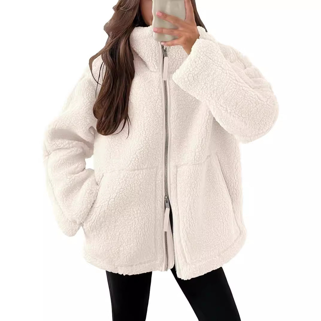 TrendAura Wool Blend Zip Up Jacket For Women Cozy Warmth In Modern Fit Winter Essential