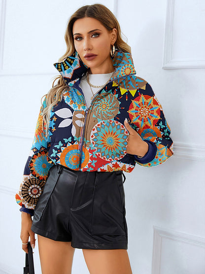 TrendAura Womens Short Puffer Jacket Leopard Skull Print Bold Warm Slim Fit Outerwear