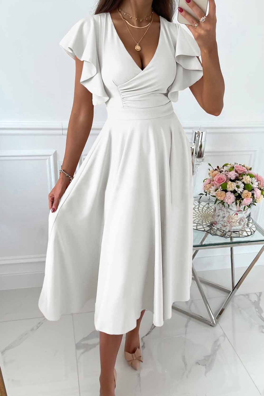 Women's Wrap Dress - V-neck - Short Ruffle Sleeves - Fitted A-line Cut