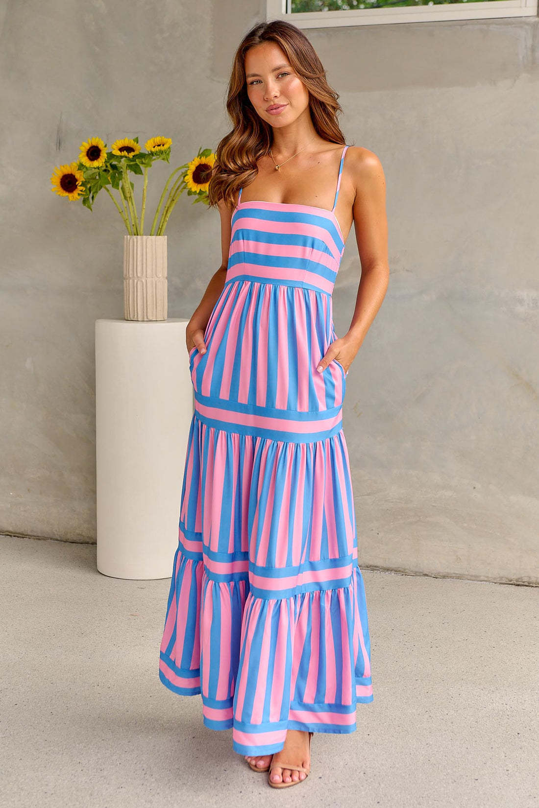 Solene Striped Lightweight Strap Dress For Women With Square Neck And Backless Design