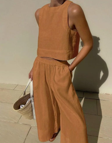 Ursella | Women's set of sleeveless crop top and wide linen pants