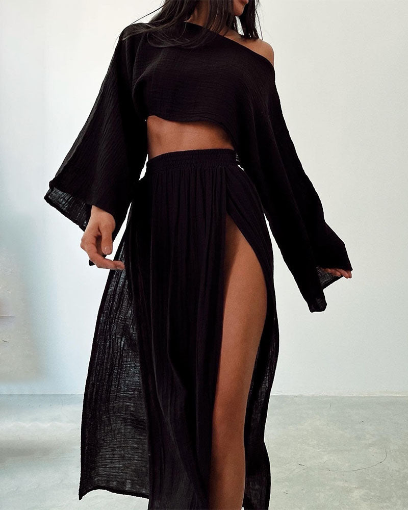 Sylvia Gauze Two Piece Set Cropped Top With Wide Sleeves And High Slit Maxi Skirt