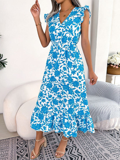TrendAura Nayra Floral Midi Dress With Flutter Sleeves Breathable Lightweight Chiffon For Women