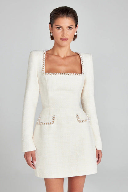 Marion Beaded U Neck Dress For Women Elegant Beaded Sleeves Pearl Embellished Glamorous Evening Gown