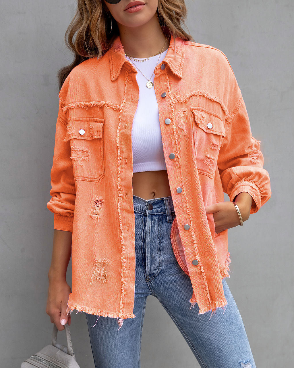 TrendAura Leyna Shirt Jacket For Women Urban Style And Comfort With Distressed Detailing