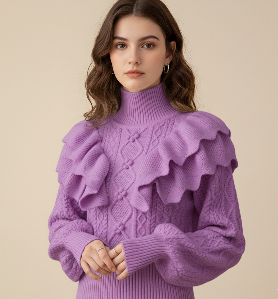 Women's Sweater - Ruffled Shoulder - Cable Knit - High Neck - Chic Style