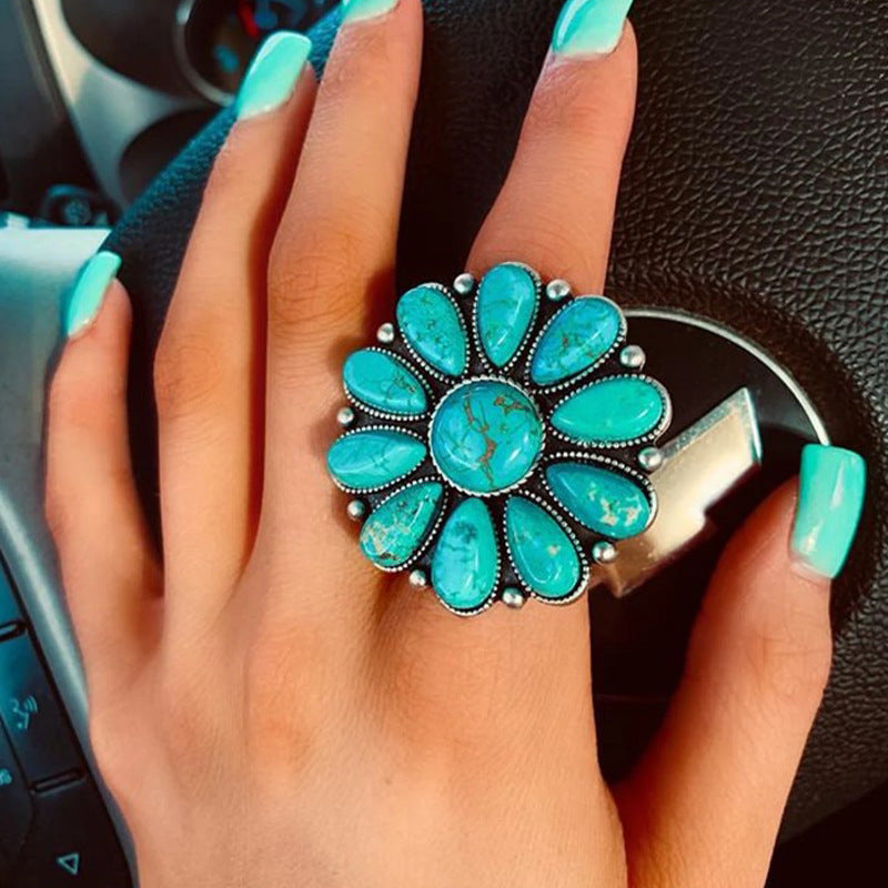 Women's Alloy Flower Ring with Turquoise Accent and Unique Design - TrendAura