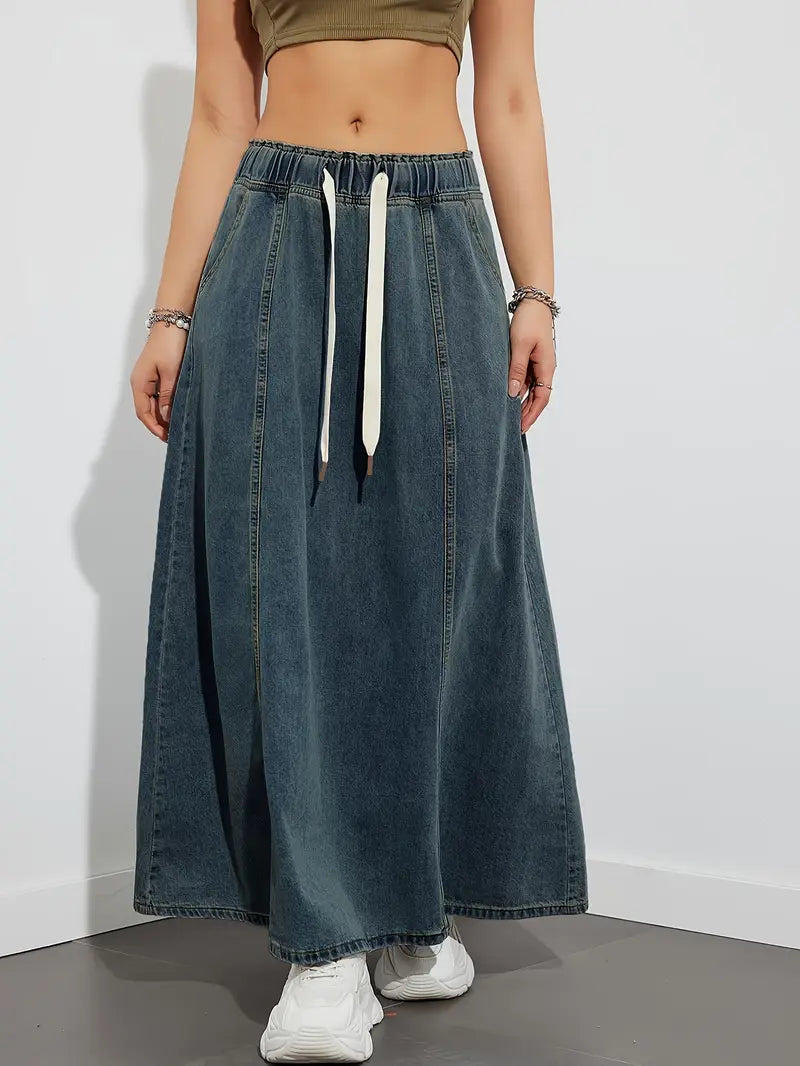Olga Casual Maxi Denim Skirt For Women With Elastic Waistband And Flattering A Line Silhouette