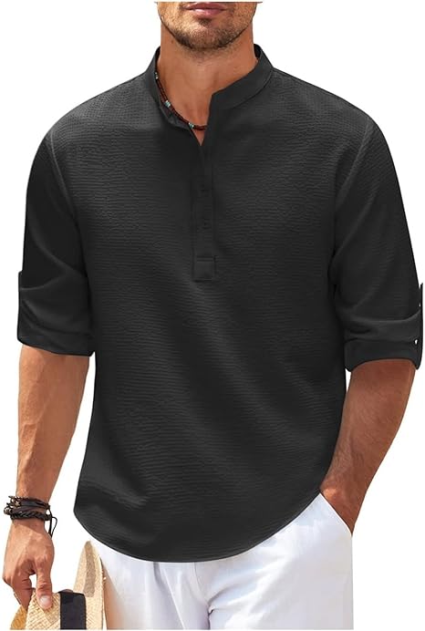 Men's Relaxed Fit Band Collar Shirt Lightweight Cotton With Button Cuffs For Casual Everyday Wear