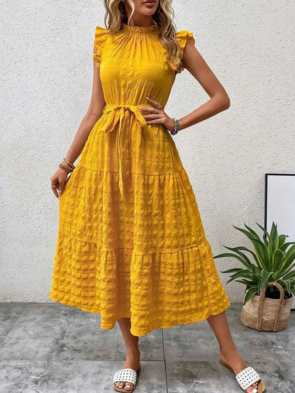 Liselotte Elegant Midi Dress for Women With Gathered Neckline Ruffles Belt Festive Appeal
