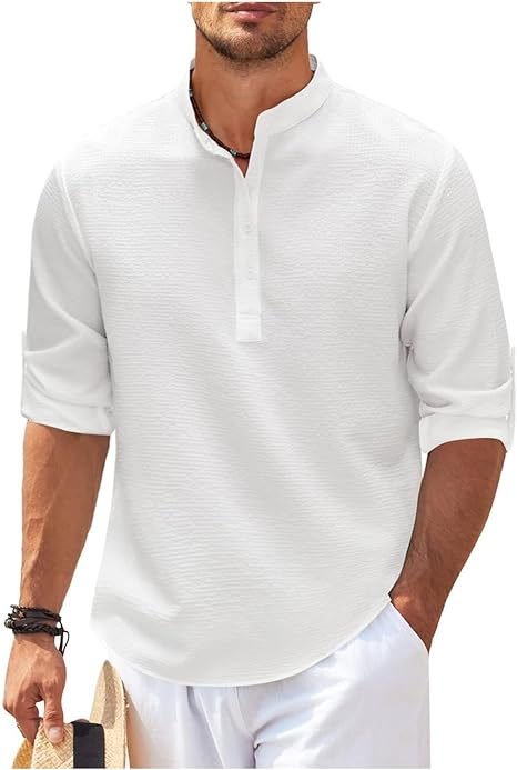 Men's Relaxed Fit Band Collar Shirt Lightweight Cotton With Button Cuffs For Casual Everyday Wear