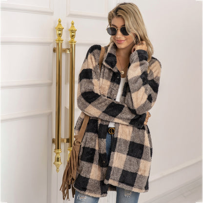 TrendAura Colorblock Fleece Plaid Coat For Women Longline Cozy Warm Winter Essential